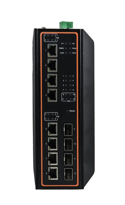 Switch industriel ATOP EHG7512-8PoE avec quatre uplinks SFP 10G, vue de face