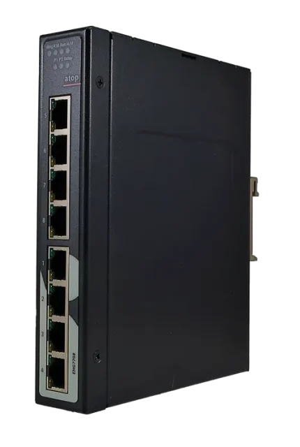 ATOP EHG7708 switch manageable IEC 62443 boîtier slim rail DIN, vue de trois quarts