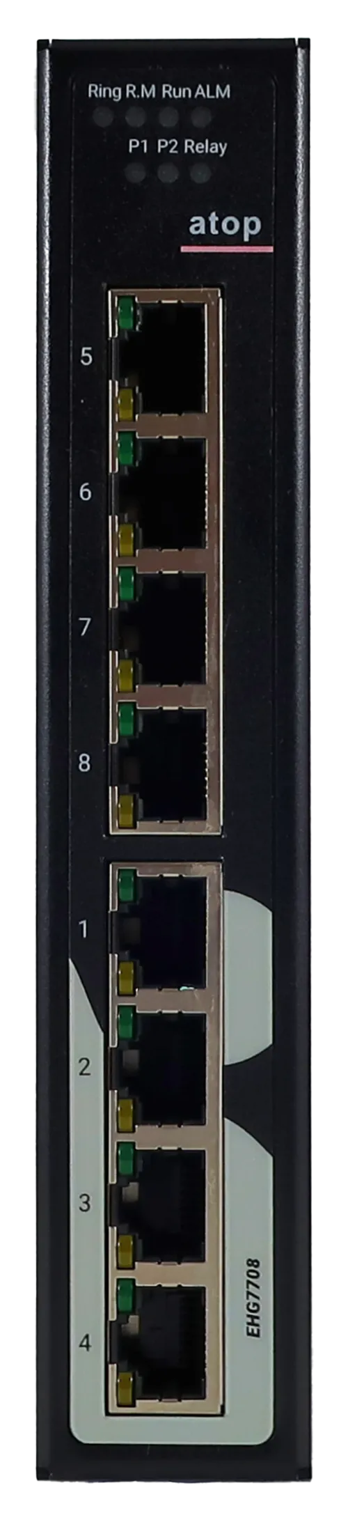 Switch PoE industriel manageable ATOP EHG7708 huit ports RJ45 Gigabit, vue de face Switch PoE industriel manageable ATOP EHG7708 huit ports RJ45 Gigabit, vue de face