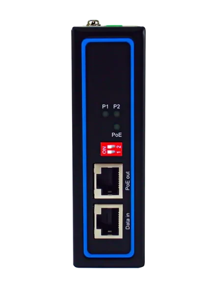 Injecteur PoE industriel ATOP IJG7001, ports Data in et PoE out, vue de face