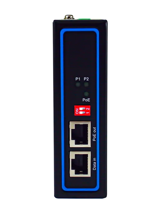 Injecteur PoE industriel ATOP IJG7001, ports Data in et PoE out, vue de face Injecteur PoE industriel ATOP IJG7001, ports Data in et PoE out, vue de face