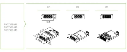 Modules ATOP RHG7X28-M1, M2 et M3 pour switch rackable RHG7528, cotes