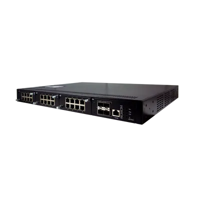 ATOP RHG7628 switch PoE rack 1U modulaire routage, vue de trois quarts