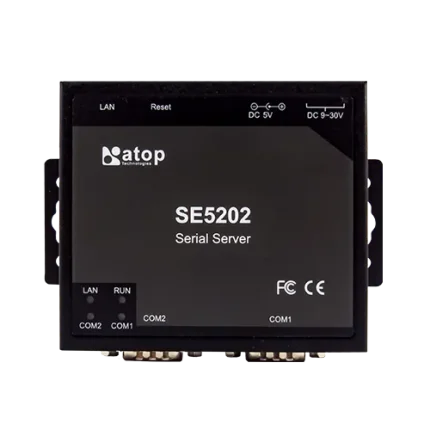 Face supérieure du serveur série 2 ports ATOP SE5202 avec voyants LAN et COM