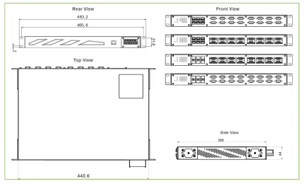 Plan coté du serveur de ports série rackable ATOP SE5908A, vues avant et dessus