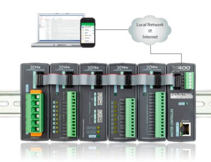 Contrôleur X-400 et cinq modules d'extension reliés par câble nappe EXPCBL