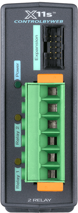 Module 2 relais 20 A ControlByWEB X-11s, face avant avec bornier débrochable