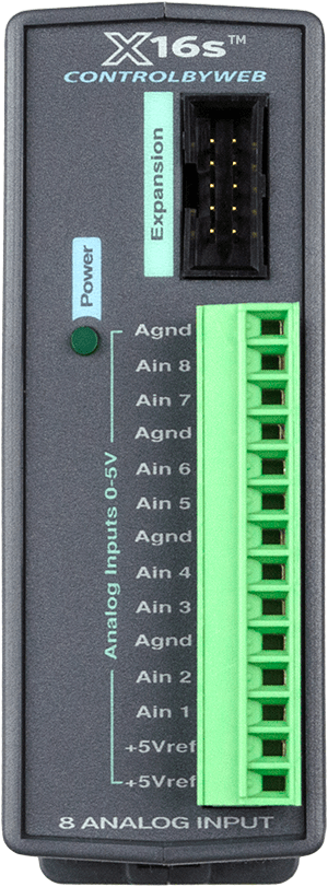 Module 8 entrées analogiques ControlByWEB X-16s, face avant avec bornier 14 points