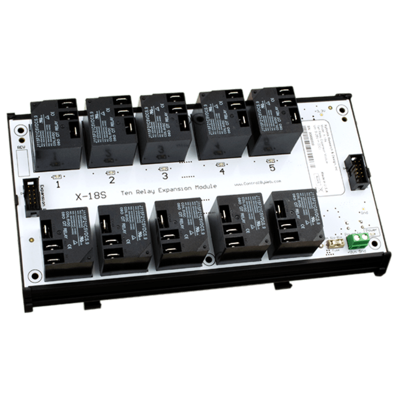 Module 10 relais 15 A ControlByWEB X-18s sur support rail DIN, trois quarts Module 10 relais 15 A ControlByWEB X-18s sur support rail DIN, trois quarts