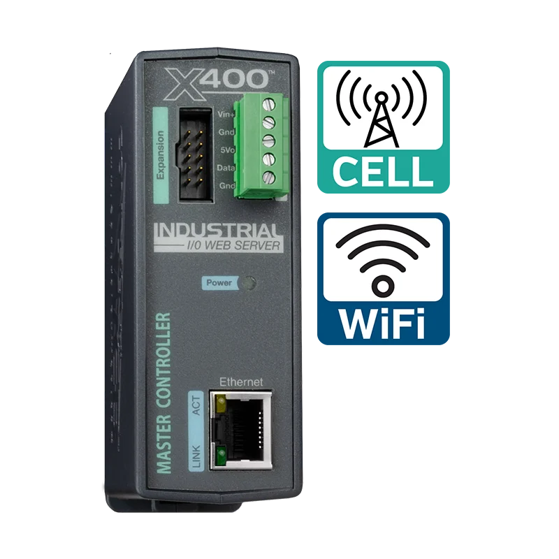 ControlByWEB X-400 avec pictogrammes cellulaire et Wi-Fi de la version X-400C Contrôleur cellulaire ControlByWEB X-400C avec antenne LTE-M, compatible forfait de données