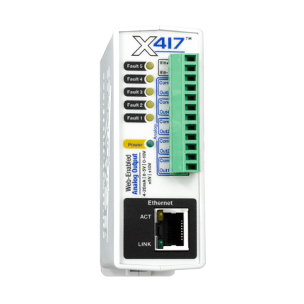 Module de sorties analogiques Ethernet ControlByWEB X-417, vue de face sur fond blanc