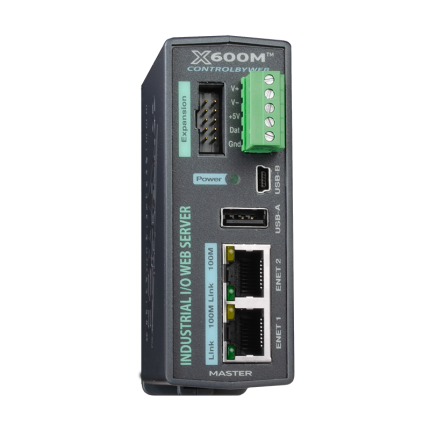 Contrôleur programmable industriel ControlByWEB X-600M, vue de face avec deux ports RJ-45