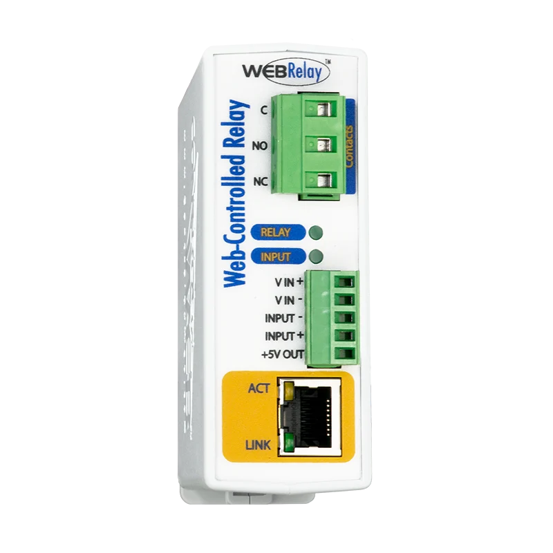 Relais IP ControlByWEB WebRelay X-WR-1R12-1I, face avant avec borniers et port RJ45 Relais IP ControlByWEB WebRelay X-WR-1R12-1I, face avant avec borniers et port RJ45