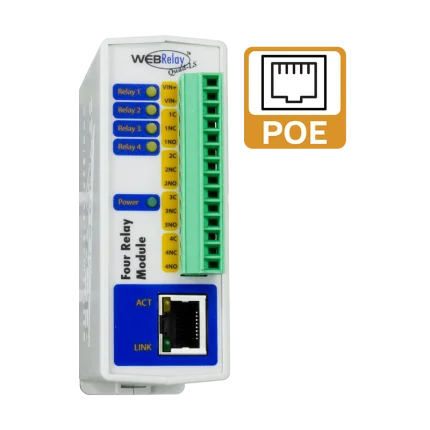 Relais IP 4 voies ControlByWEB WebRelay-Quad X-WR-4R3-E, version PoE vue de face