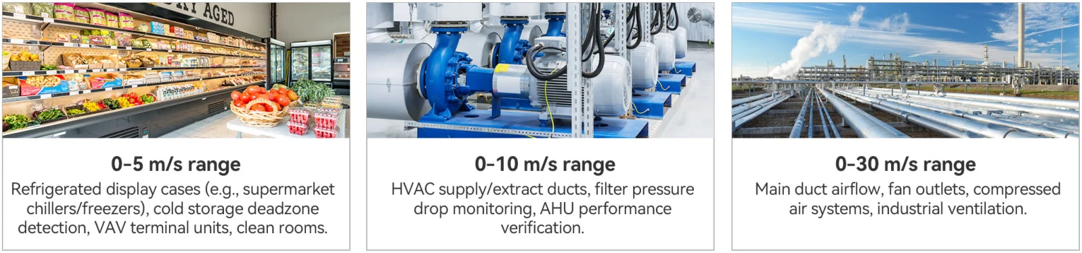 Usages du Dragino AirFlow-LN selon les plages 0-5, 0-10 et 0-30 m/s