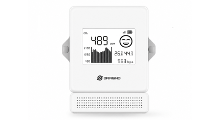 Capteur CO2 NB-IoT et LTE-M Dragino CO2-FE en boîtier blanc mural, vue de face