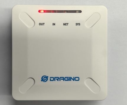 Batterie de secours Dragino IBPv1 vue de dessus avec voyants OUT, IN, NET, SYS