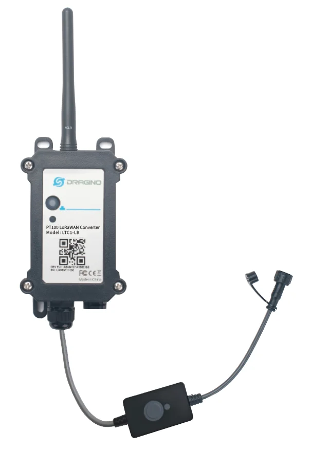 Capteur de température PT100 LoRaWAN Dragino LTC1-LB avec module d'échantillonnage, vue de Capteur de température PT100 LoRaWAN Dragino LTC1-LB avec module d'échantillonnage, vue de face