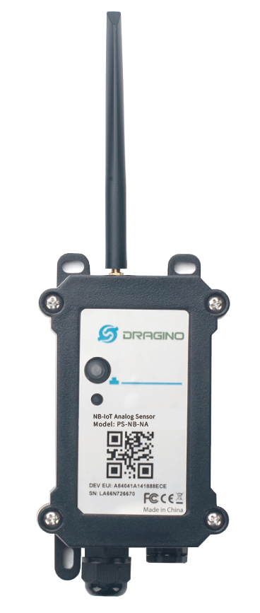 Dragino PS-NB-NA convertisseur 4-20 mA NB-IoT avec antenne externe, vue de face