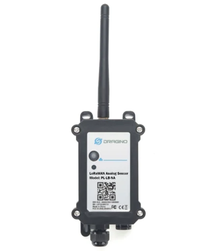 Convertisseur analogique Dragino PS-LB-NA LoRaWAN avec antenne, boîtier vu de face