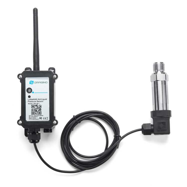 Capteur de pression LoRaWAN Dragino PS-LB-T avec sonde filetée inox, vue de face Capteur de pression LoRaWAN Dragino PS-LB-T avec sonde filetée inox, vue de face