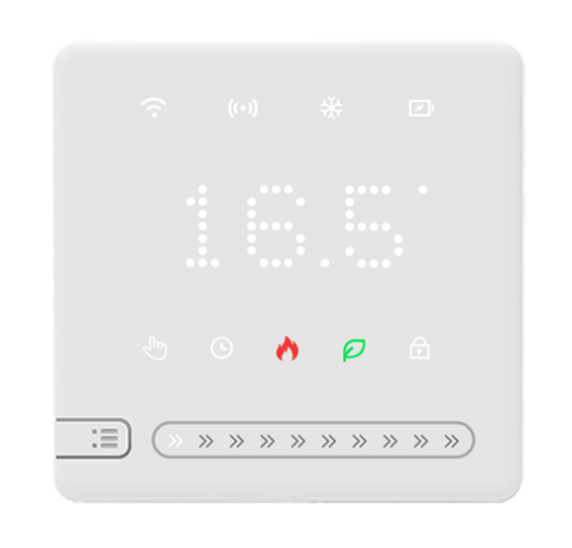 Thermostat d'ambiance LoRaWAN Dragino Thermostat1, façade blanche avec affichage, vue de f Thermostat d'ambiance LoRaWAN Dragino Thermostat1, façade blanche avec affichage, vue de face