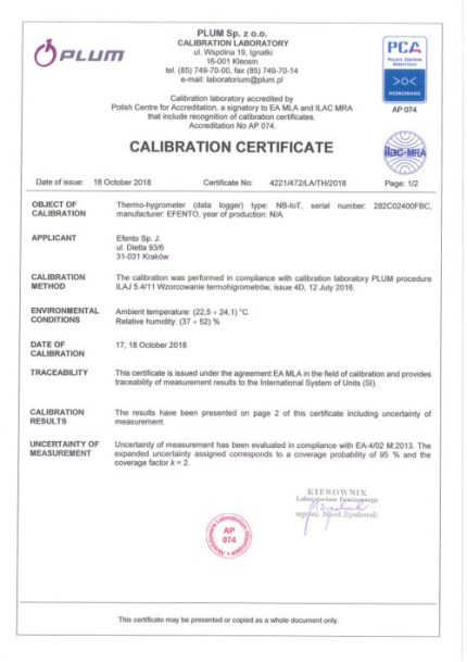 Première page d'un certificat d'étalonnage accrédité pour enregistreur Efento