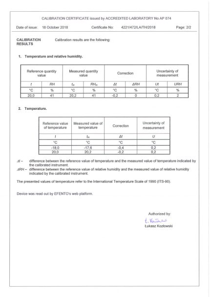 Page de résultats d'un certificat d'étalonnage Efento en température et humidité