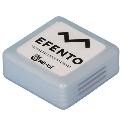 Capteur Efento équipé de la housse silicone bleue translucide, vue de trois quarts