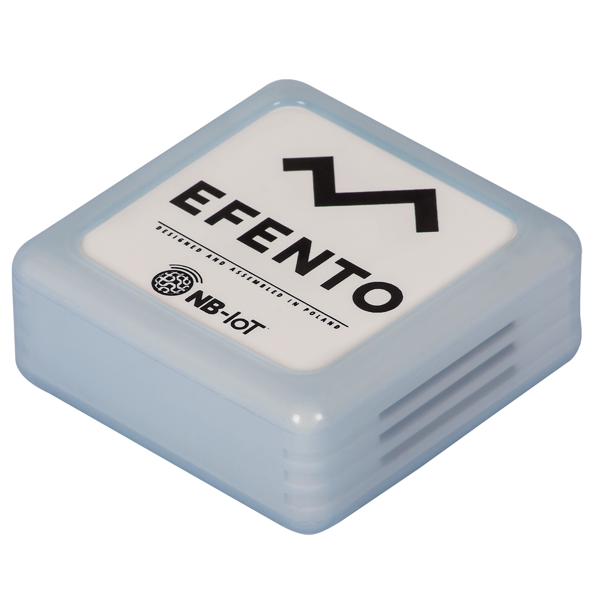 Capteur Efento équipé de la housse silicone bleue translucide, vue de trois quarts Capteur Efento équipé de la housse silicone bleue translucide, vue de trois quarts