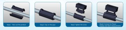 Quatre étapes de pose du compteur d'eau clamp-on F3RO sur une canalisation