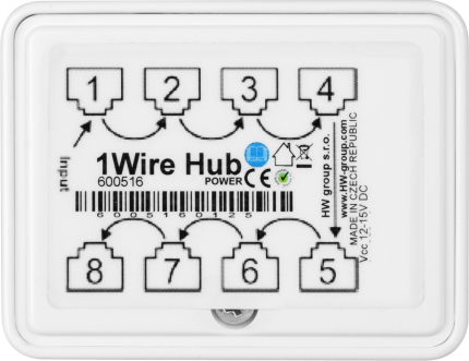Face supérieure du HWgroup 1-Wire Hub Power montrant l'entrée et les huit sorties