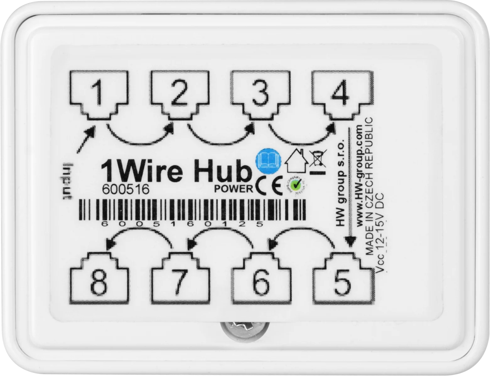 Face supérieure du HWgroup 1-Wire Hub Power montrant l'entrée et les huit sorties