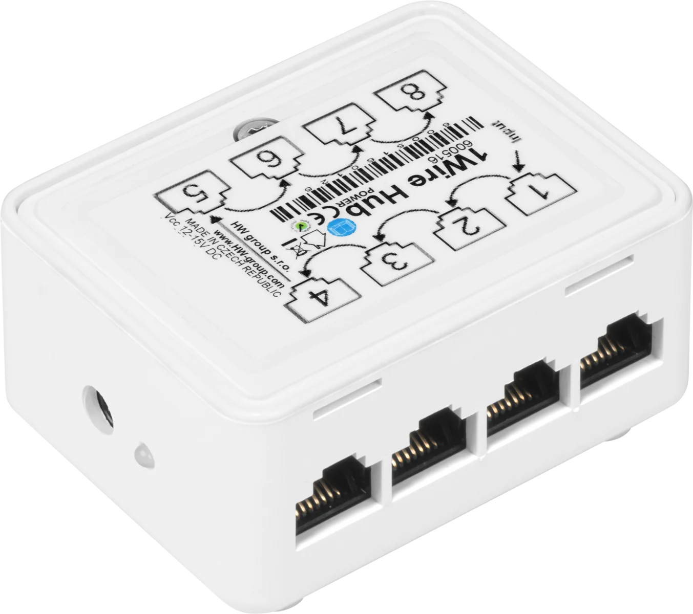 Côté du hub HWgroup 1-Wire Hub Power avec prise d'alimentation 12 V