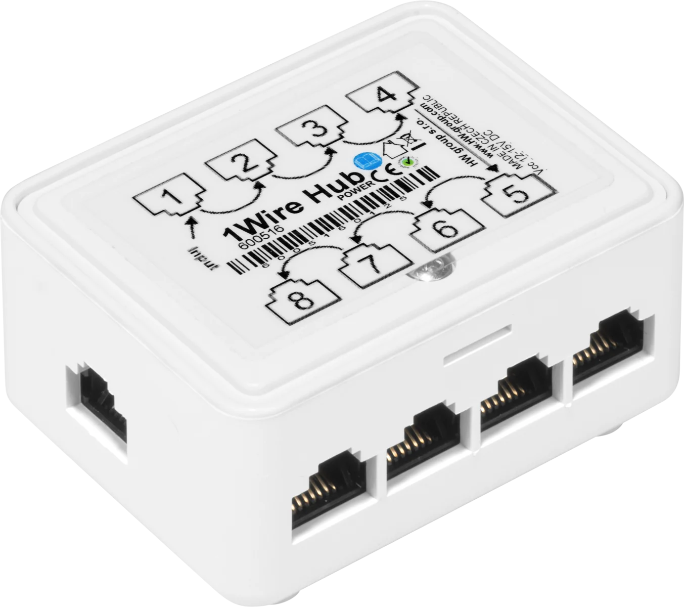 Hub 1-Wire alimenté HWgroup 1-Wire Hub Power avec ports RJ11, vue de trois quarts Hub 1-Wire alimenté HWgroup 1-Wire Hub Power avec ports RJ11, vue de trois quarts