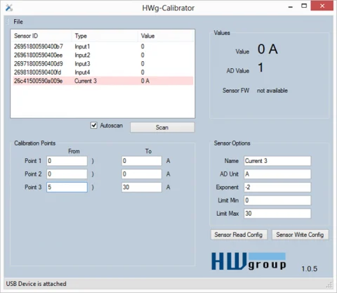 Interface du logiciel HWg-UniCalibrator avec table de points de calibration
