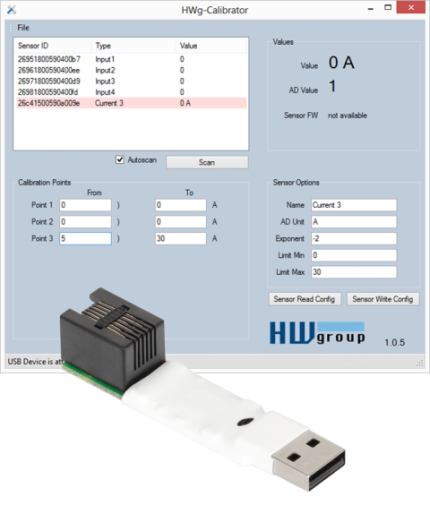 Calibrateur USB HWgroup 1-Wire UNI devant le logiciel HWg-Calibrator ouvert