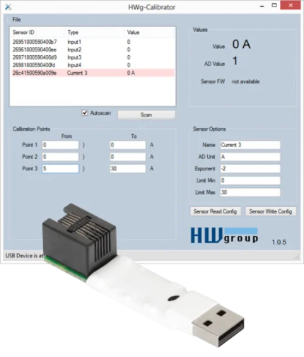 Calibrateur USB HWgroup 1-Wire UNI devant le logiciel HWg-Calibrator ouvert