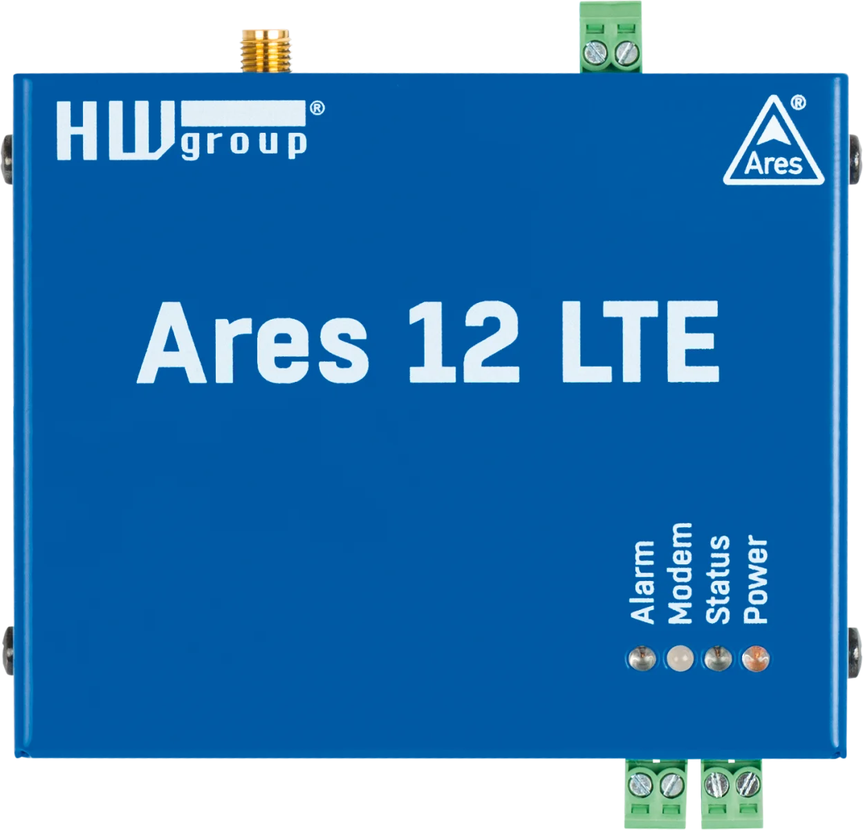 Face supérieure de l'Ares 12 LTE HWgroup avec ports RJ11 et bornier d'entrées