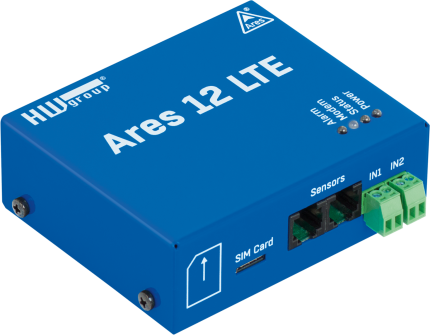 Boîtier de supervision 4G HWgroup Ares 12 LTE, vue de trois quarts avec antenne
