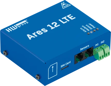 Boîtier de supervision 4G HWgroup Ares 12 LTE, vue de trois quarts avec antenne