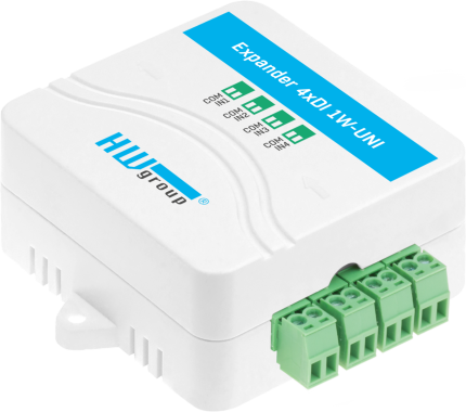 Expander 4xDI 1W-UNI HWgroup avec les quatre borniers verts des entrées contact sec