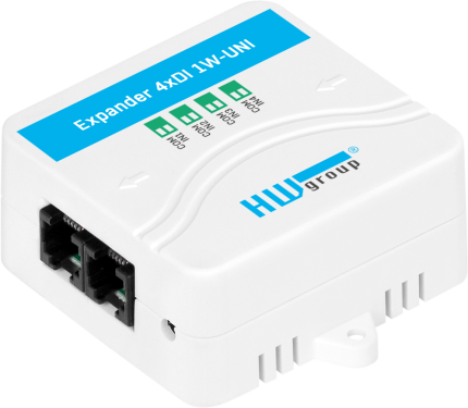 Module HWgroup Expander 4xDI 1W-UNI vu de face avec ses deux prises RJ11