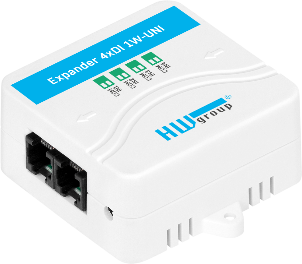 Module HWgroup Expander 4xDI 1W-UNI vu de face avec ses deux prises RJ11 Module HWgroup Expander 4xDI 1W-UNI vu de face avec ses deux prises RJ11