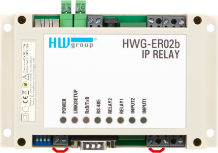 Dessus du relais IP HWg-ER02b avec borniers des relais et des entrées