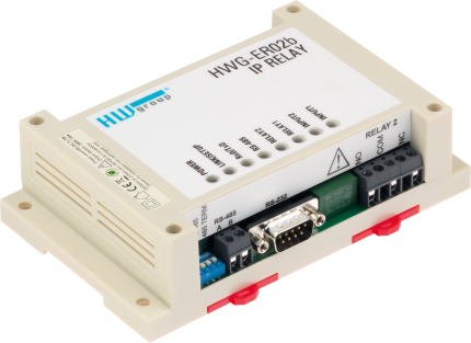 Relais IP Modbus TCP HWgroup HWg-ER02b sur rail DIN, vue de trois quarts