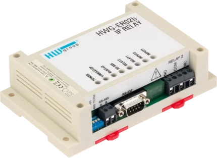 Relais IP Modbus TCP HWgroup HWg-ER02b sur rail DIN, vue de trois quarts