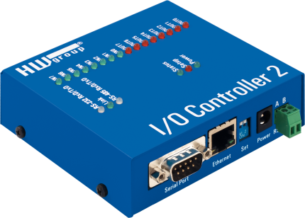 Module E/S Ethernet HWgroup I/O Controller 2 en boîtier métal, vue de trois quarts