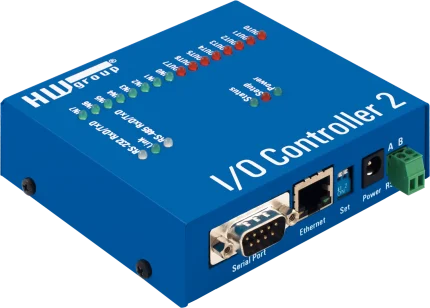Module E/S Ethernet HWgroup I/O Controller 2 en boîtier métal, vue de trois quarts