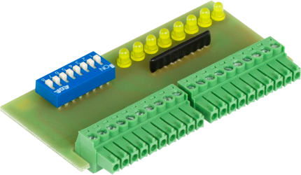 Carte de test HWgroup I/O Controller 2 avec interrupteurs DIP, voyants et borniers verts